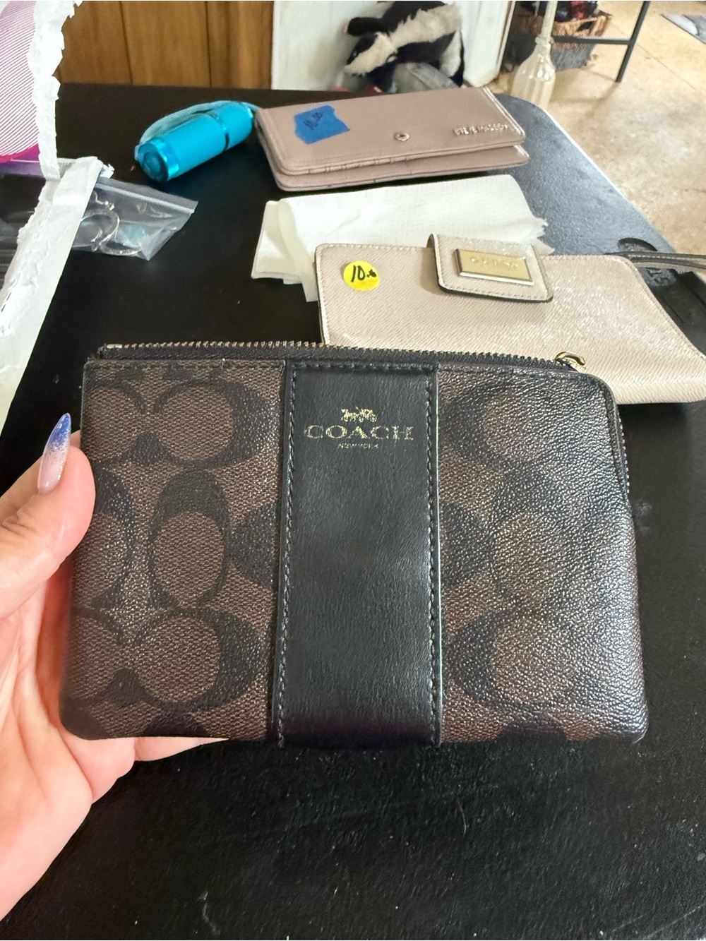 COACH Signature Canvas Zip Pouch in Brown and Black
